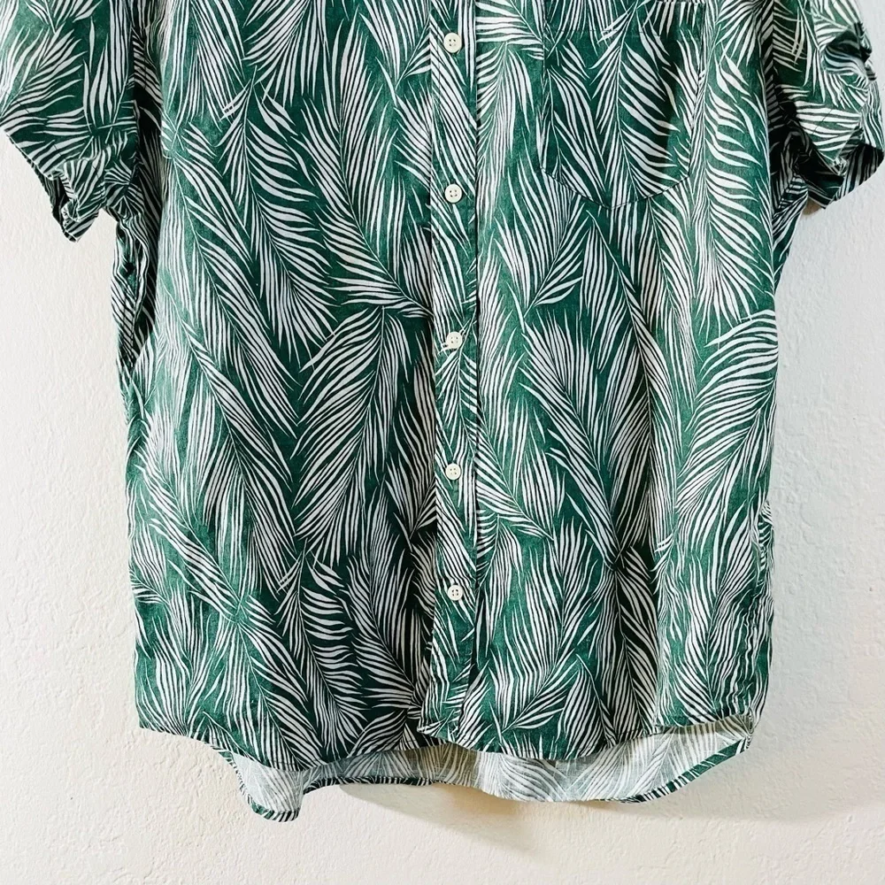 J. Crew Printed Short-Sleeve Slim Linen Blend Shirt Size XL Green/White Pockets